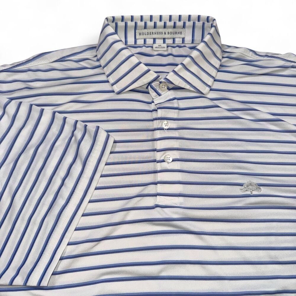 Holderness & Bourne Tailored Fit White & Blue Striped Golf Polo Shirt Men's XL